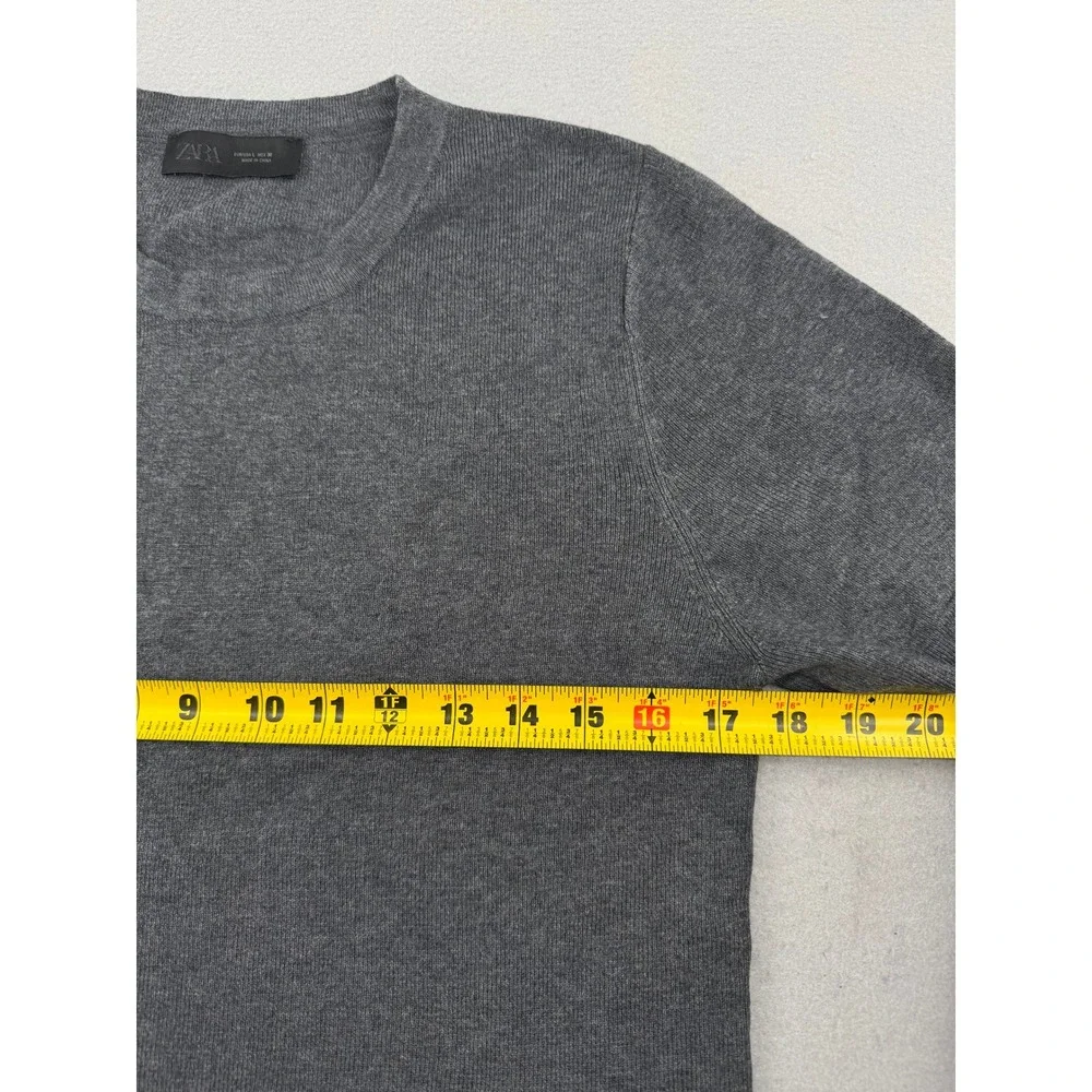 Zara Mens L Dark Gray Short Sleeve Wool Blend Knit Sweater Crew Neck Minimalist